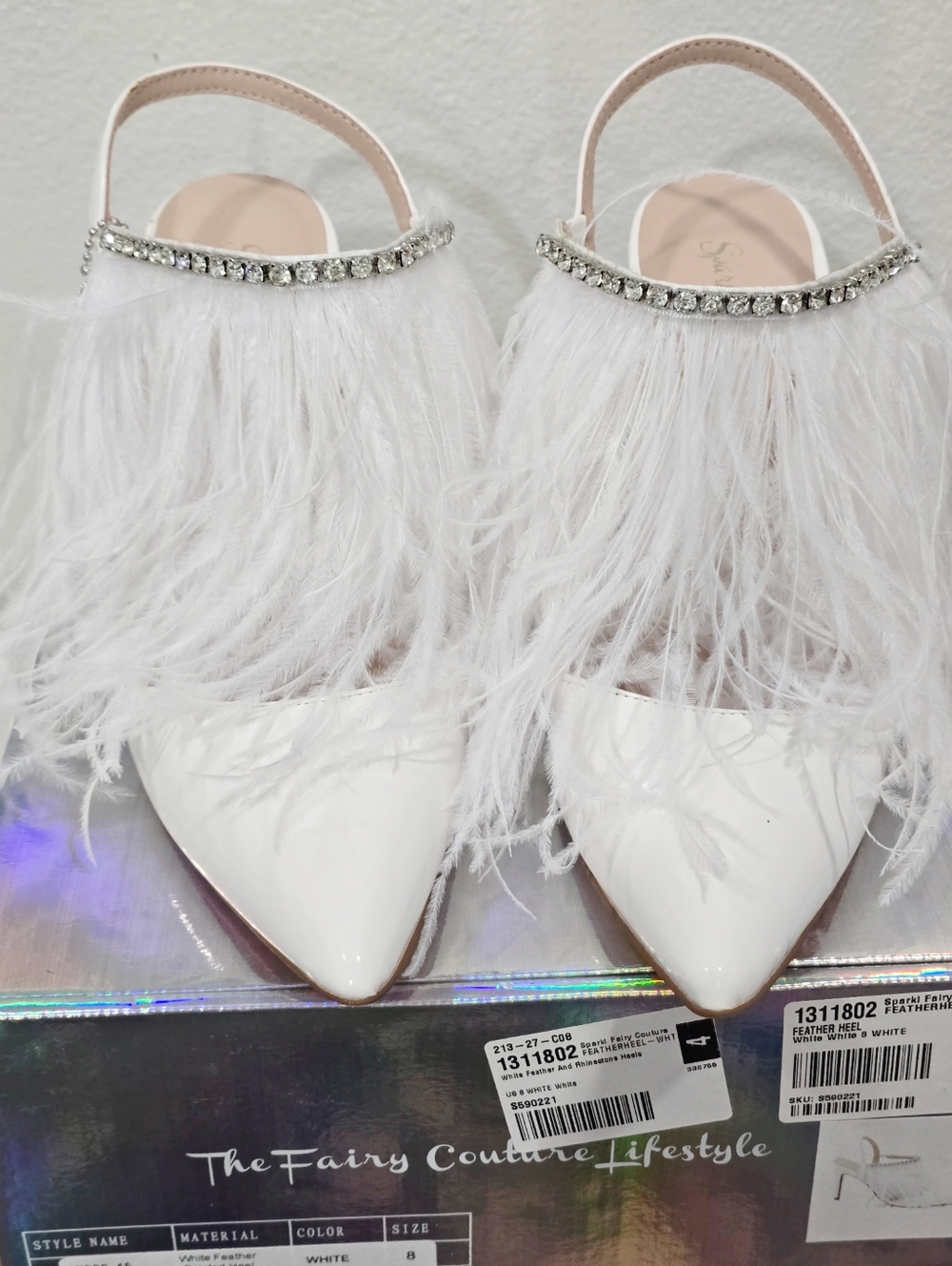 Sparkl Fairy Couture ✦ White Feather Rhinestone Pumps ✦ Vegan Bridal Embellished - Picture 13 of 16